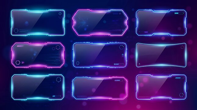 Glowing Neon Interface Border Elements With Reflective Surface On Vibrant Gradient Backdrop neon glow frame border interface ui ux element futuristic abstract gradient glowing glossy shine light