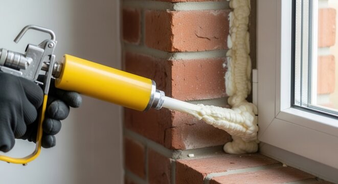 Worker in gloves applying expanding polyurethane foam sealant around window frame against exposed brick wall. Concept of thermal insulation and window sealing