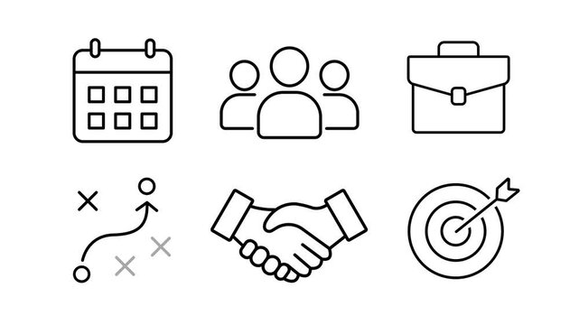 Minimal Black Line Business Icons Set Animation &ndash; Professional Corporate Symbol Collection 4K Loop