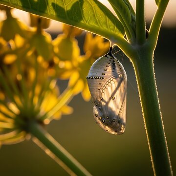 Monarch butterfly chrysalis hanging from a green stem at sunset
