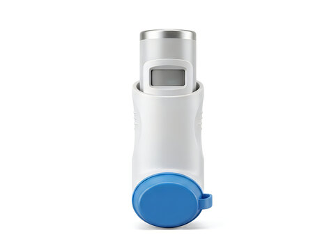 blue and white medical asthma inhaler respiratory therapy bronchodilator isolated on transparent background