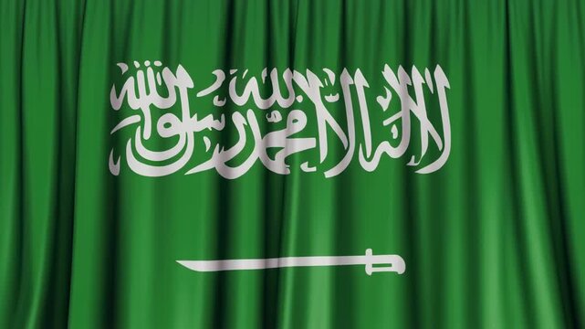 Saudi Arabia flag waving gently with flowing green fabric and white calligraphy during daylight