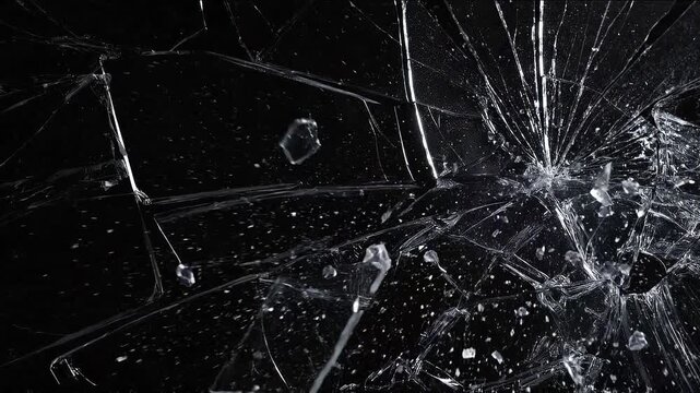 Cracked glass exploding into fragments against a dark black background, creating a bold and dynamic visual effect.