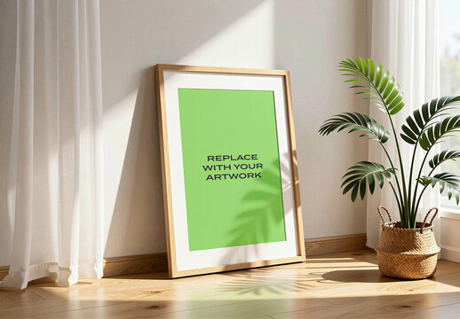 Vertical framed poster mockup displayed on a light wood floor against an interior wall, natural sunlight from window, white sheer curtain, potted plant in woven basket, Template