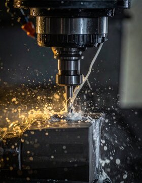 Close up CNC milling machine processing on steel with cooling