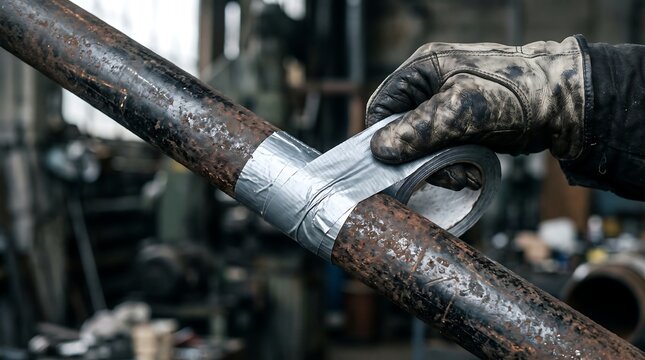 Worker in protective gloves repairing a rusty metal pipe fitting in an industrial workshop with industrial workshop maintenance plumbing equipment handyman industry