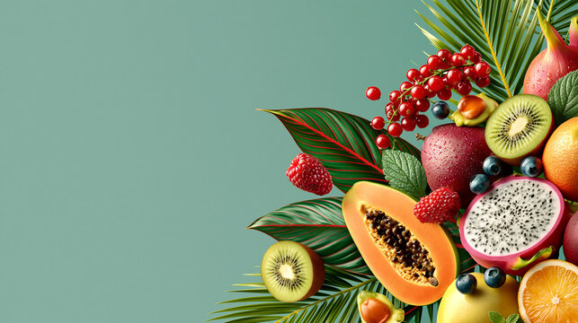 Fresh tropical fruit composition with vibrant exotic produce on muted green background for culinary concepts.