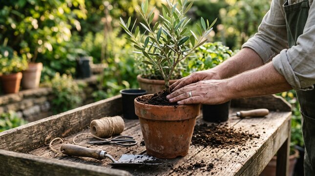 Focused gardener hands gently planting a small olive tree into a weathered clay pot on a rustic wooden table during the golden hour afternoon sunlight