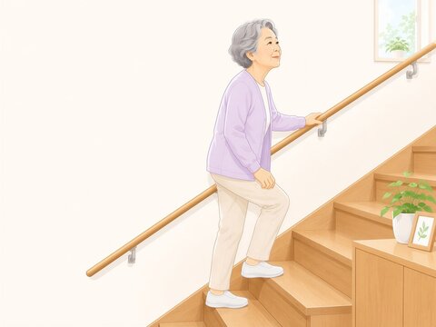 自宅の階段で手すりを使って昇る日本人の高齢女性