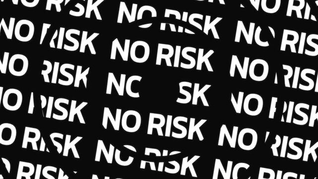Concentric rotating word circles reveal the text 'NO RISK' around copy space on a black background.