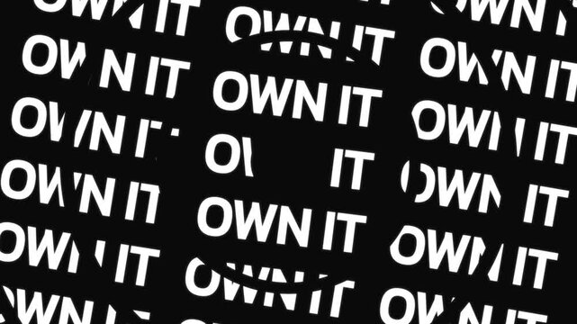 Concentric rotating word circles reveal the text 'OWN IT' around copy space on a black background.