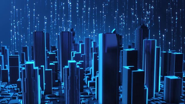Digital city falling binary information luminous blue architecture, artificial intelligence, automated infrastructure, computer processing, cyber protection, predictive systems, urban simulation.