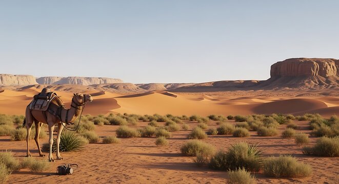 Saddled camel standing in a vast desert landscape under clear sky