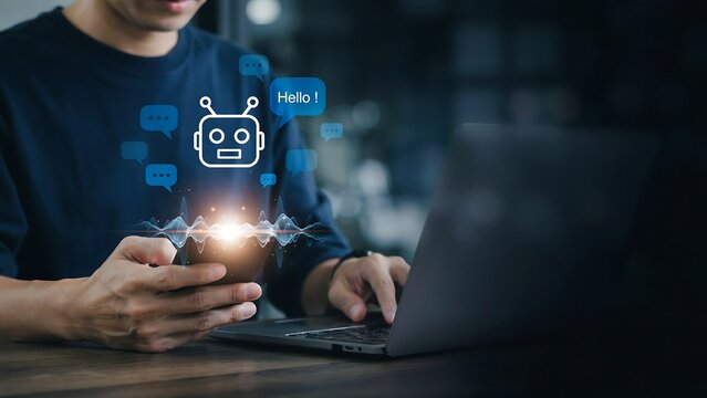 Man using a smartphone with a chatbot icon and messages appearing, while working on a laptop. The image symbolizes artificial intelligence and digital communication