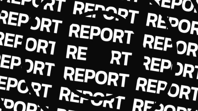 Concentric rotating word circles reveal the text 'REPORT' around copy space on a black background.