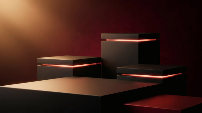 Abstract dark podiums with red light accents