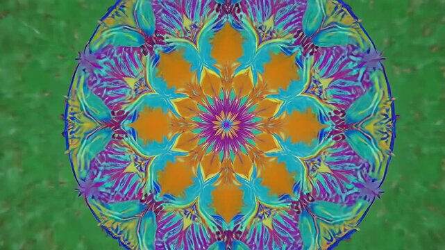 Vibrant psychedelic mandala evolving with flowing colors against a soft green background