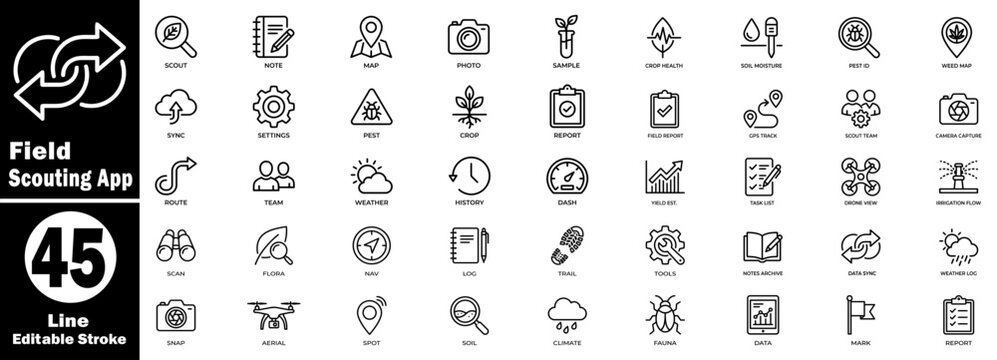 Field scouting app line icons set. Featuring agriculture technology and weather, editable stroke. vector illustration