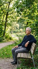Fototapeta premium Elderly man sitting on park bench in green forest, looking away thoughtfully