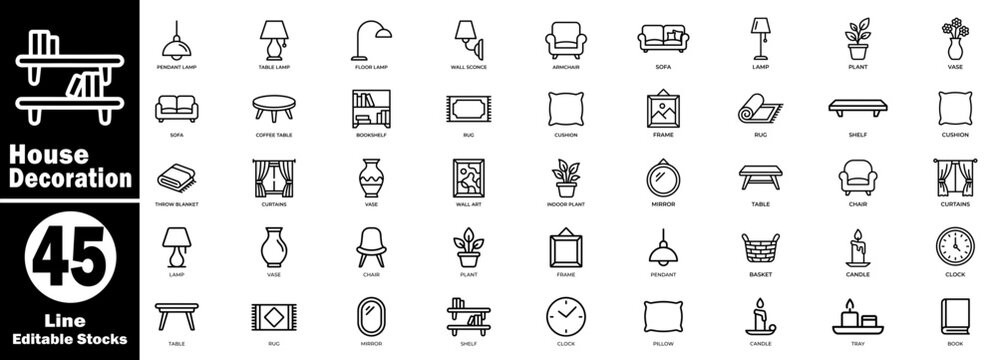 House decoration and furniture line icons. Featuring an interior symbol set. Editable stroke vector illustration