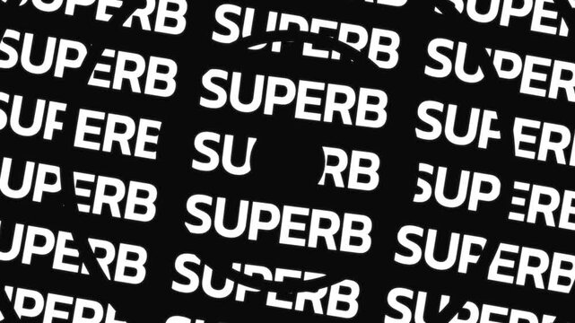 Concentric rotating word circles reveal the text 'SUPERB' around copy space on a black background.