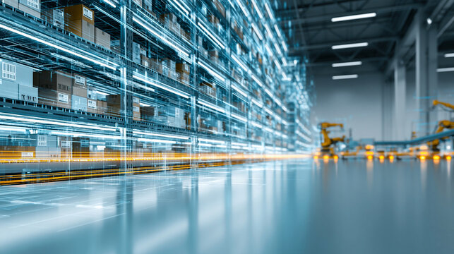 Futuristic distribution center with glowing blue data lines and automated shelving for e-commerce.