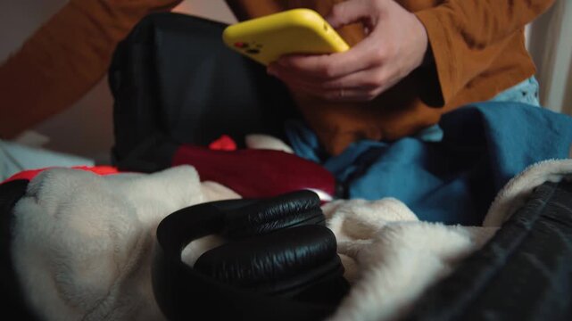 Anonymous young woman preparing her suitcase while getting distracted by her smartphone, pausing her packing to check her phone during a travel preparation moment.