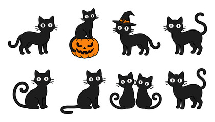 Obraz premium Halloween black cat vector characters set with spooky pumpkin lantern witch hat and cute kittens isolated on white background for seasonal designs