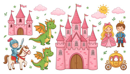 Cute fairytale kingdom vector elements set featuring pink princess castle dragon knight riding horse prince golden carriage clouds and smiling sun