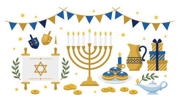  Hanukkah holiday vector element set featuring golden menorah torah scroll dreidels gelt coins jelly donuts gift boxes bunting garland and stars