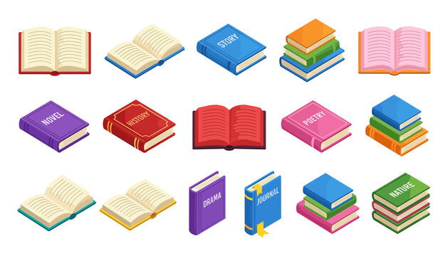  Isometric book vector elements set featuring colorful stacks open books closed novels and literature genres like history drama poetry story and nature