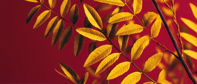 golden yellow acacia leaves branch on deep mahogany red background