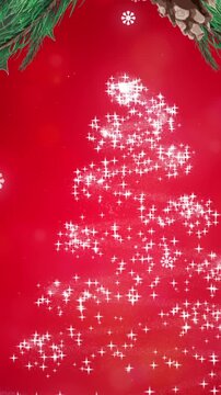 Animation of snow falling over christmas tree decoration on red background