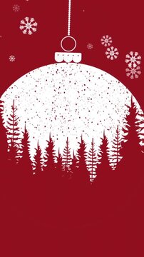 Animation of snow falling over red christmas bauble and fir tree decoration