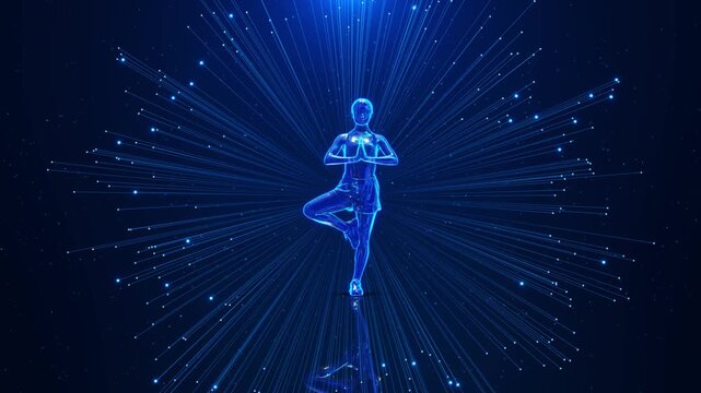 Glowing virtual woman holds balanced yoga pose while luminous data lines radiate AI wellness, digital fitness, mindfulness, mental health, body awareness, immersive training, future human 19.