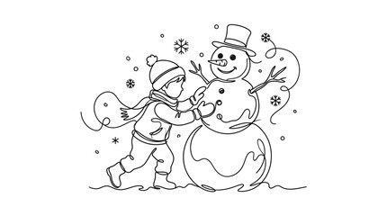 Fototapeta premium One Continuous Line Art Illustration of a Child Building a Snowman in Winter