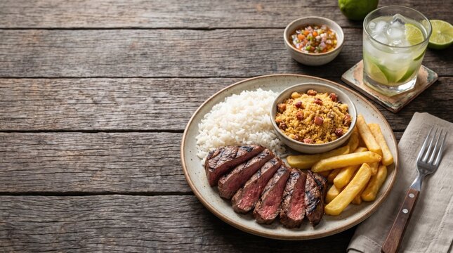 Traditional brazilian steak with rice french fries farofa and drink restaurant brazilian cocktail