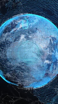 Animation of binary coding over network of connections and globe against blue background