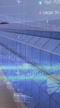 Animation of financial data processing over cityscape