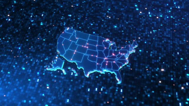 Futuristic American map features states connected points field of binary information, cyber protection, AI communication, digital infrastructure, network monitoring, data processing, national