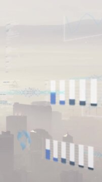 Animation of graphs, globes, soundwaves over fog covered cityscape against mountain and sky