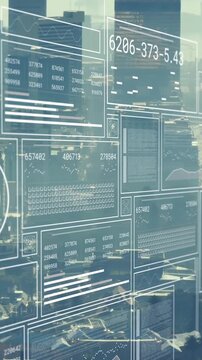 Animation of interface with data processing against aerial view of cityscape