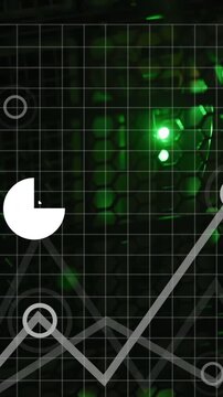 Cloud icon, charts, graphs and data processing over glowing green lights on black background