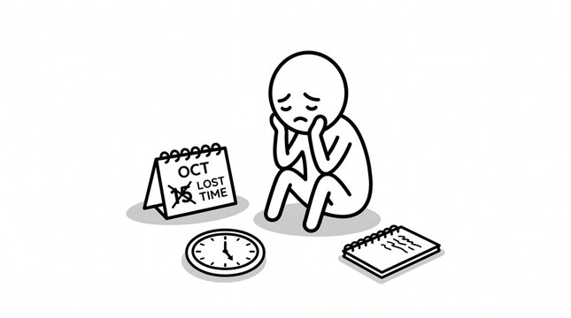 Sad Character Sitting with Calendar Clock and Lost Time Concept Vector