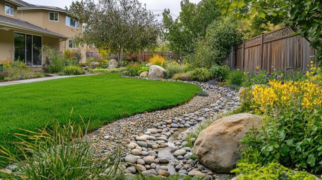 Modern backyard garden with green lawn and stone path