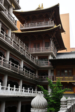 Traditional chinese Buddhist temple with wooden pagoda architecture