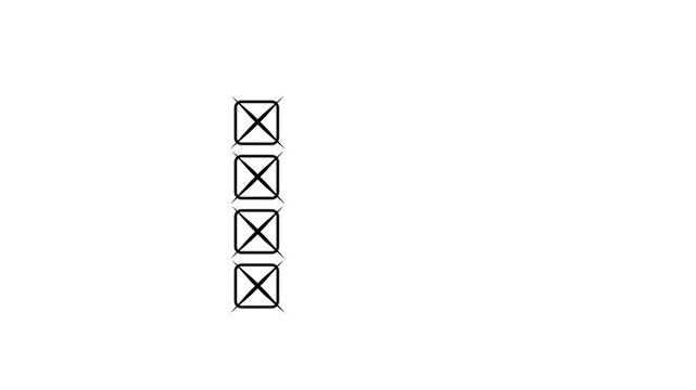 four Bullet point multiple choice checklist presentation boxes. hand drawn white crosses on a plain simple black background.