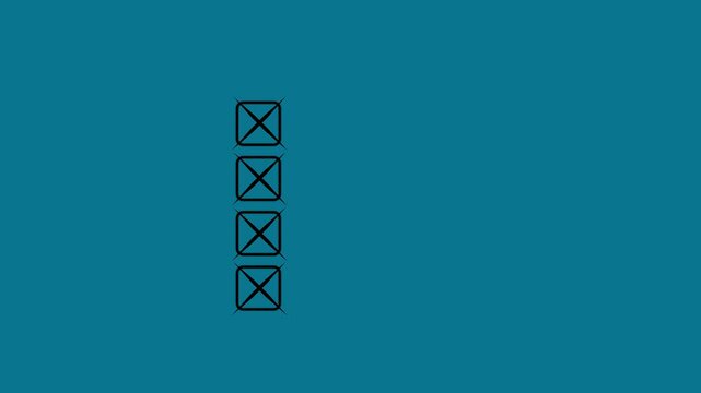 four Bullet point multiple choice checklist presentation boxes. hand drawn white crosses on a plain simple black background. Motion graphics of cross mark concept.