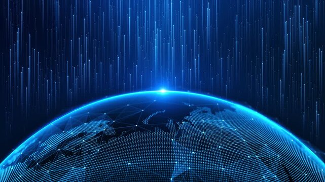 digital planet displays network links streams of blue information, visualizing worldwide connectivity, AI computing, secure data exchange, global commerce, navigation, emerging network technology.