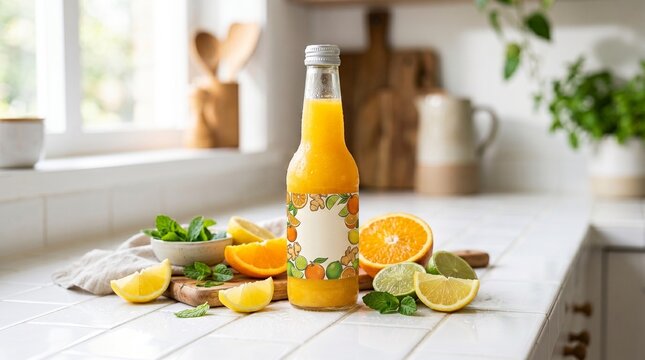 Freshly Squeezed Citrus and Ginger Juice in a Glass Bottle on a White Tiled Kitchen Counter with Fresh Fruits and Mint